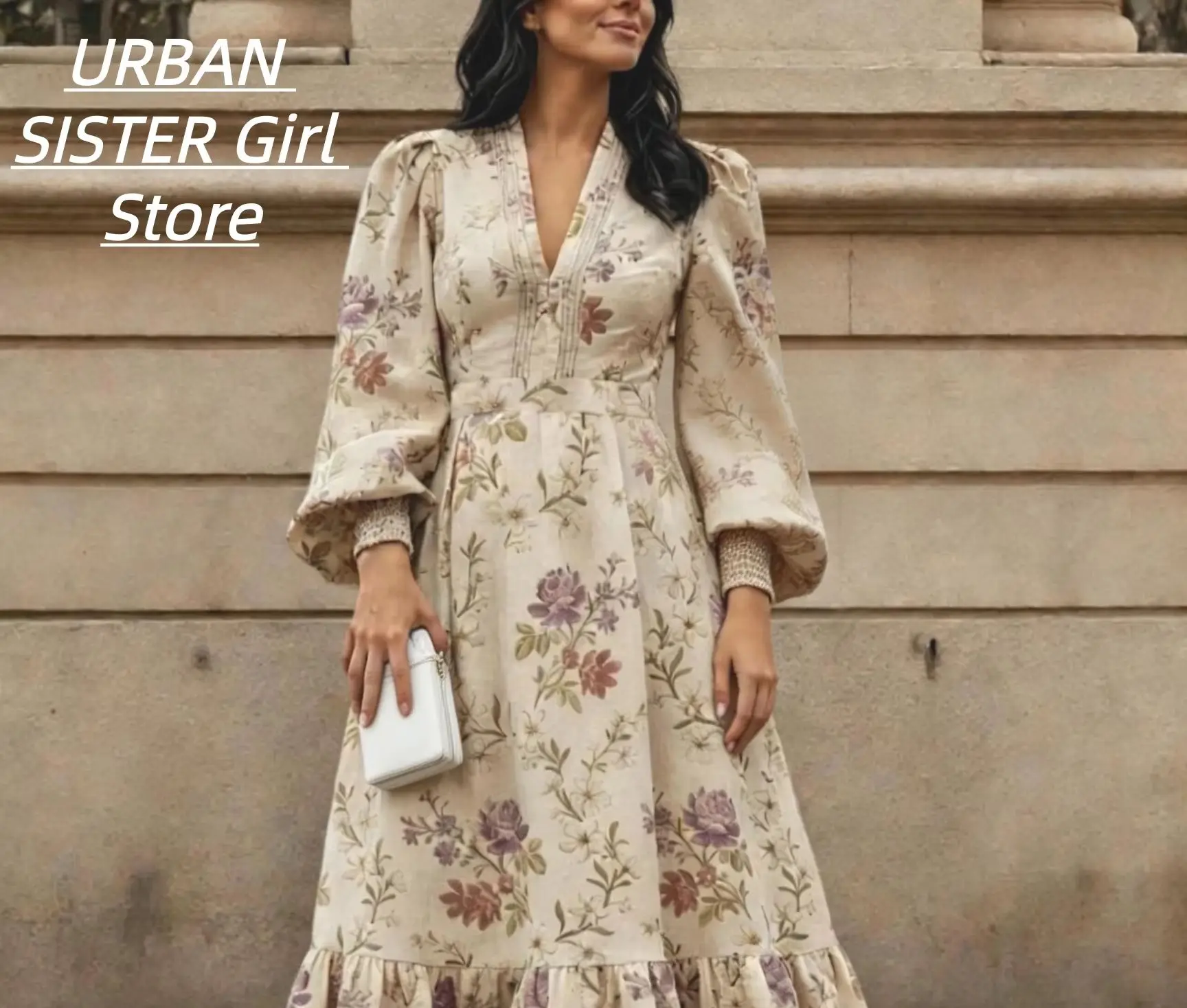 Vintage Floral Print V-Neck Puff Long Sleeve Dress with Elastic Cuffs, High Waist, Layered Ruffles, and a Long Design in a Pastoral Style for Vacation and Travel Photography