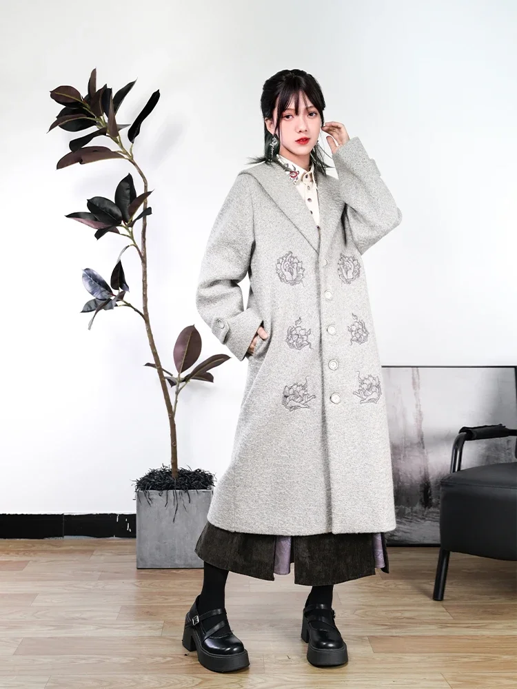 New Chinese Woolen Coat Women's 2024 Autumn And Winter High-end Embroidery National Style Loose Long Woolen Windbreaker Outwear