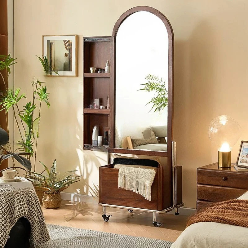 Wabi-sabi style solid wood hanger with full body mirror coat rack hotel bedroom storage