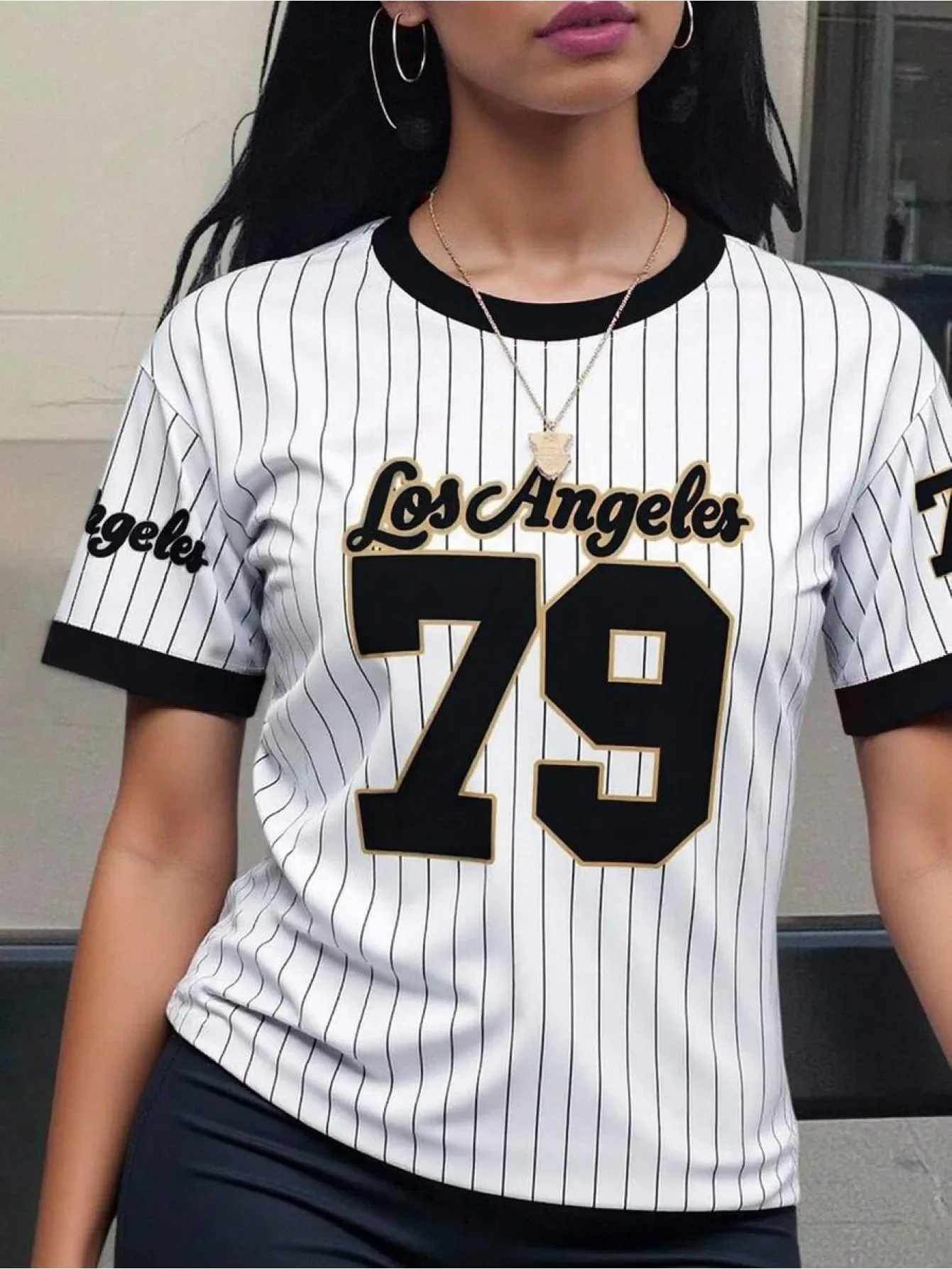 Los Angeles 79 Letter Print Striped Short Sleeve T-shirt, Unisex Crew Neck Baseball Style Tee, Retro Casual Streetwear Top