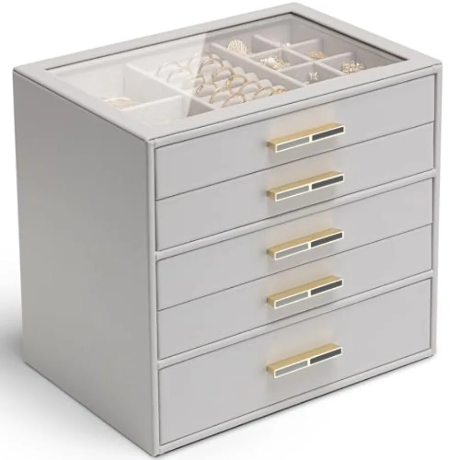 

5-слойная шкатулка для драгоценностей для женщин, стеклянная крышка, органайзер для ювелирных изделий с 5 ящиками для ожерелья, колец, серег, браслетов - серый
