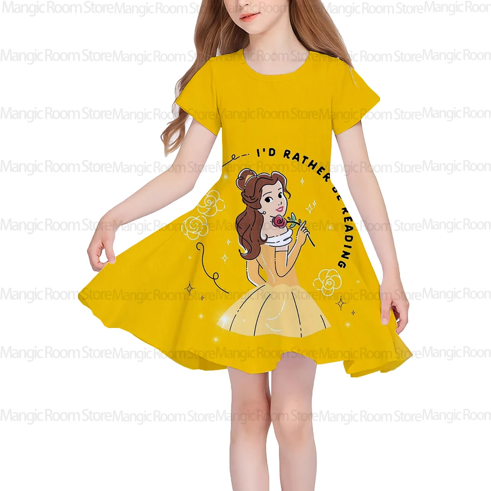 Belle Princess clothing girls Disney 2025 summer printed cartoon cute casual short-sleeved sun dress carnival birthday party mer