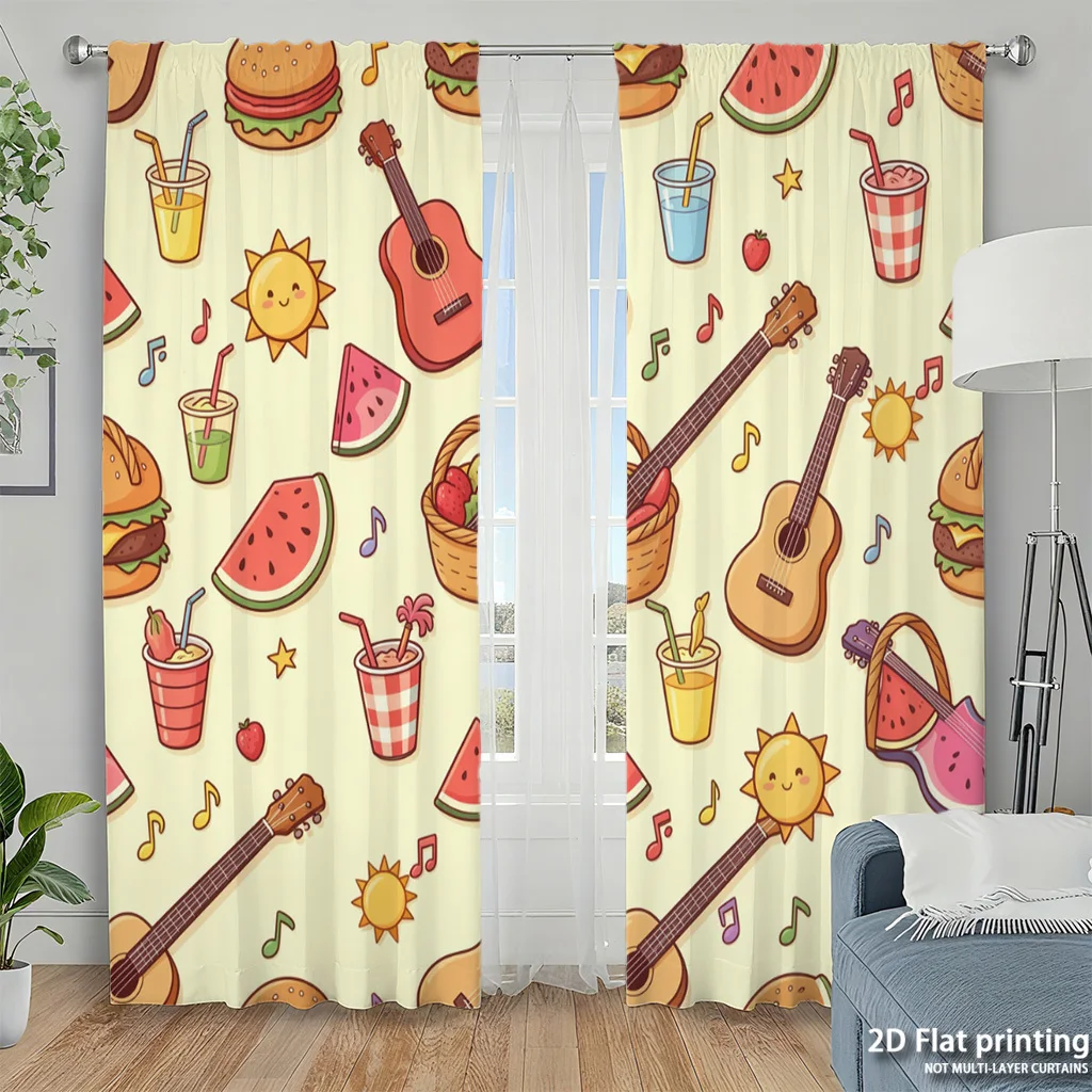 Summer Picnic Curtain, Guitar Watermelon Burger Window Drape Cute Cartoon Food Pattern Yellow Kids Room Decor, Fun Party Textile