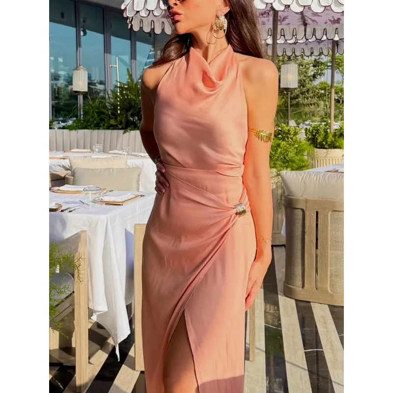 

Vintage Vacation Solid Color Chic Satin Women's Summer Suit Halter Sleeveless Top Long Straight Skirt Fashionable Casual Outfit