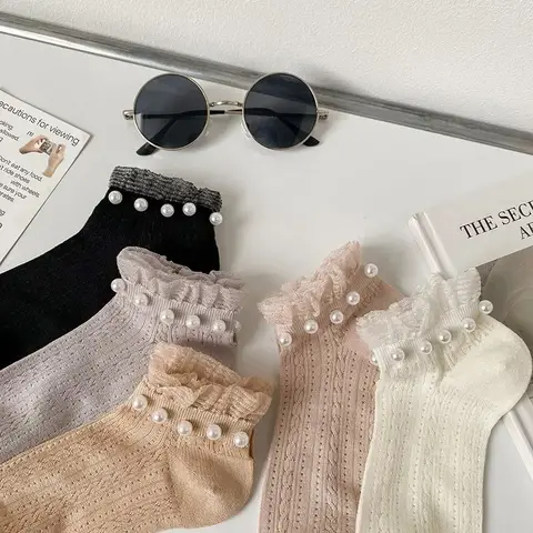 Lace Ruffle Socks Women Hollow Out Mesh Thin Breathable Low Tube Socks Solid Color Cotton Sweet Girls Pearl Kawaii Short Socks