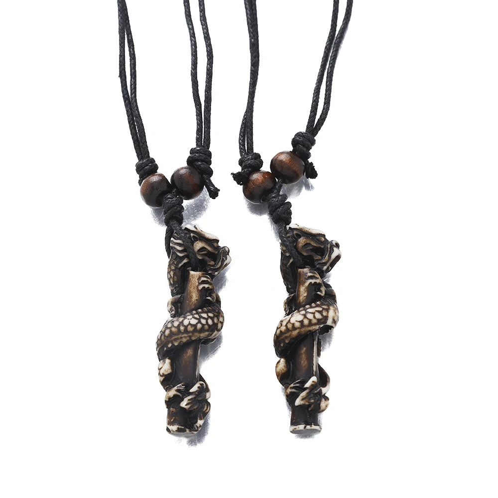 Vintage Ethnic Style Resin Dragon Pillar Pendant Necklaces For Men Tribal Jewelry Necklace With Wooden Beads Adjustable Wax Rope