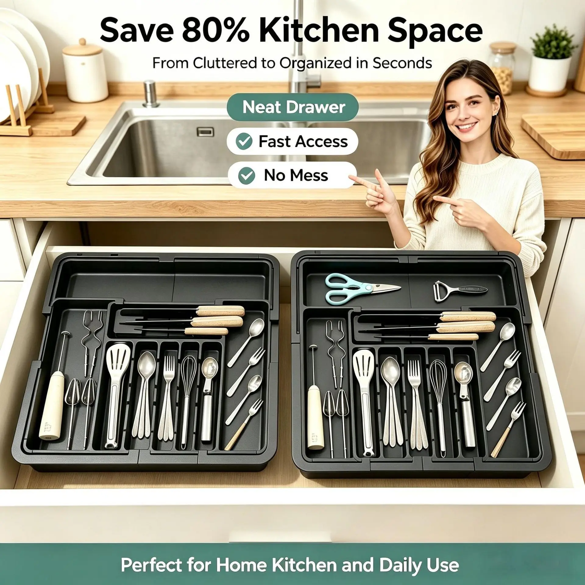 Upgraded Food-grade Five-partition Knife and Fork Storage Tray, Kitchen Tableware Neat Sorting Box Kitchen Storage Organization