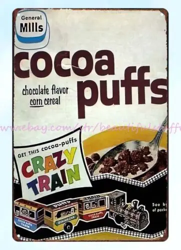 Bocanadas de cacao con sabor a chocolate, cereales de maíz, letrero de lata de metal, impresiones de ilustraciones, 1970s