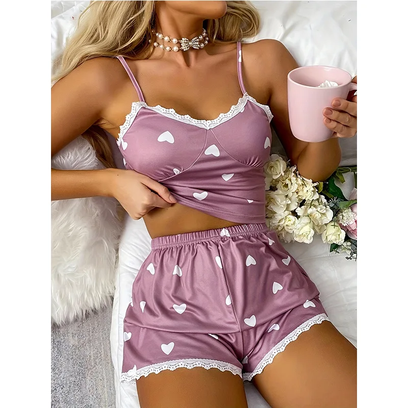 Sexy Pajama Set for Women Lace Slip Tops Shorts Suits Heart-print Summer Sleepwear Slim Underwear Nightwear Casual Loungewear