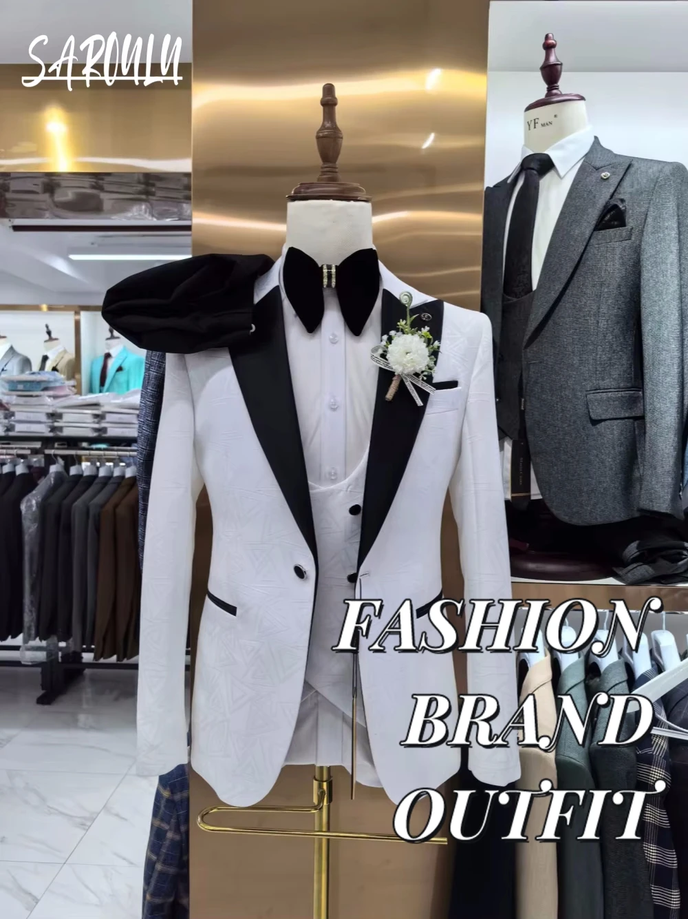 

White Man Suit 3-pieces Jacket Vest Pants Fashionable Single Breasted Buckle Groom Wear Hot Sale Tuxedo Casual Handsome Set