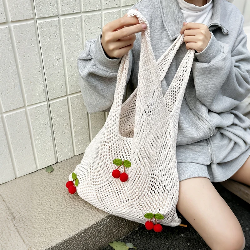 

Women Crochet Tote Bag Fashion Knitted Bag Large Capacity Hollow Out Solid Color Woven Shoulder Bag Beach Bag