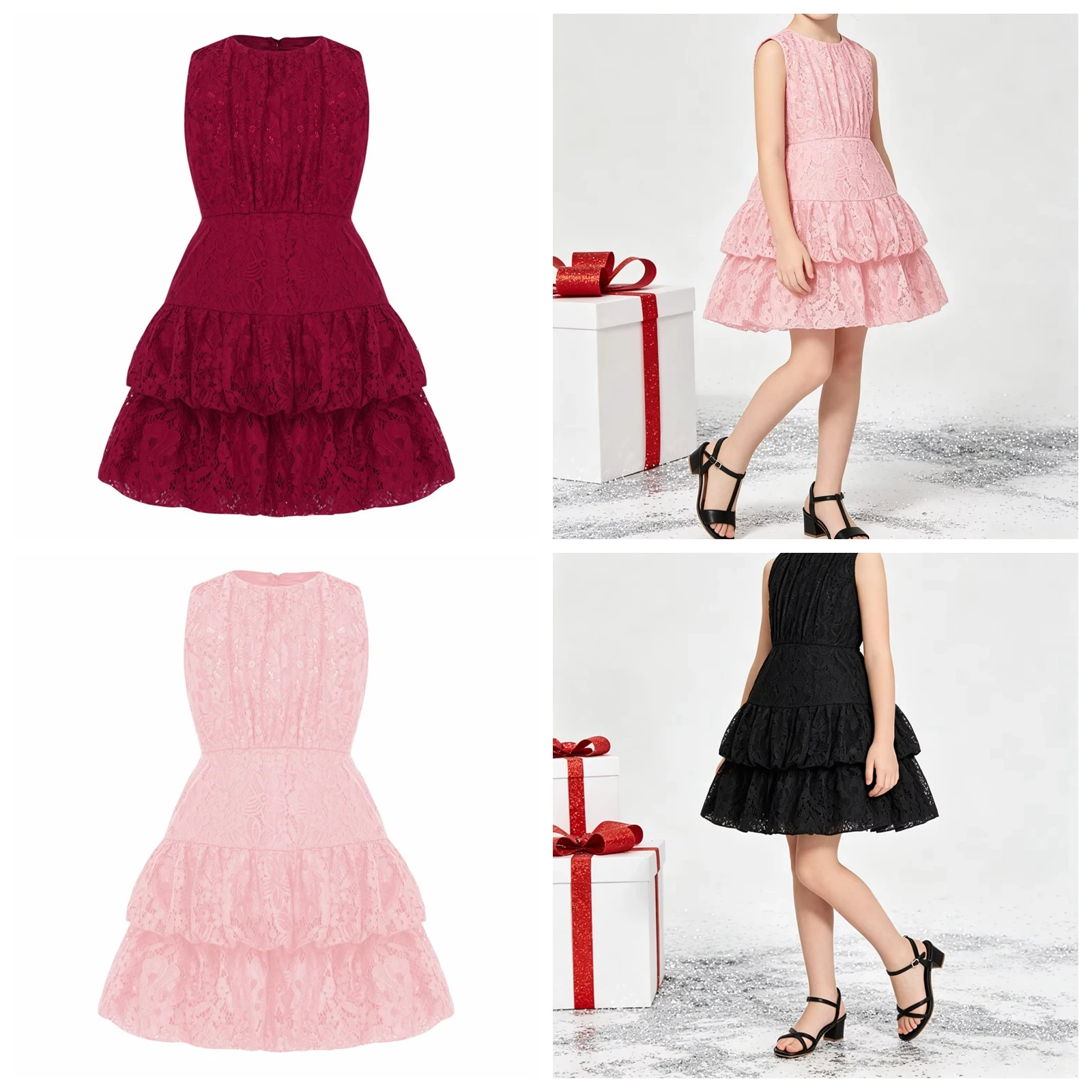 

Kids Girls Elegant Floral Lace Party Gown Sleeveless Dress Modern Dance Costume Lyrical Dancewear Ballroom Dancing Clothes