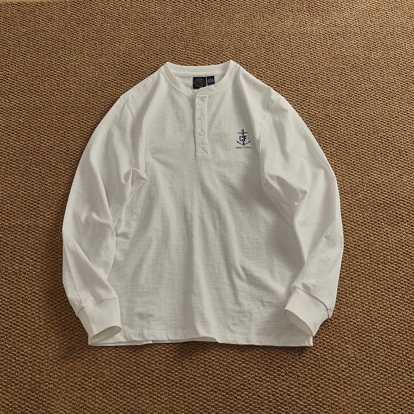 

Retro American Casual Long Sve T-irt Men Thi Pure Cotton Waed Simple Sle Button down Ne T-irt Breathable Autum...