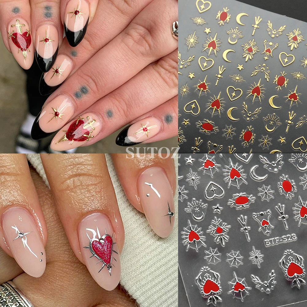 Holographic Heart Nail Stickers Chrome Gold Silver Moon Stars Nail Decals Korean Style Sliders Y2K Manicure Decoration NTBTF-S28