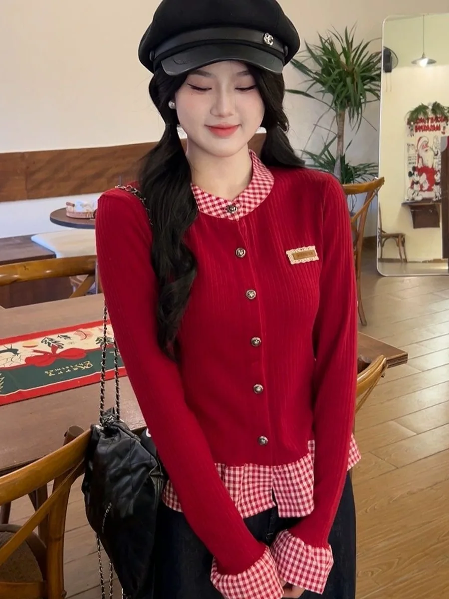 

Красное клетчатое женское пальто Sweet Fit, вязаный топ, универсальный осенне-зимний модный студенческий стиль, полиэстер