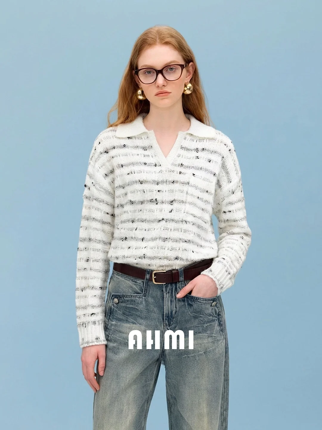

AHMI Women's Loose Long Sve Ne Knitted Sweater Color Stripe Casual Sle Comfortable Breathable Soft Fabric Spring