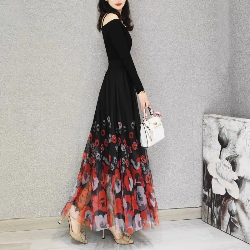 Summer Women's Fashion National Style Black Thin Gradual Change Safflower Mesh Skirt Medium and Long Skirt Big Swing Gauze Skirt