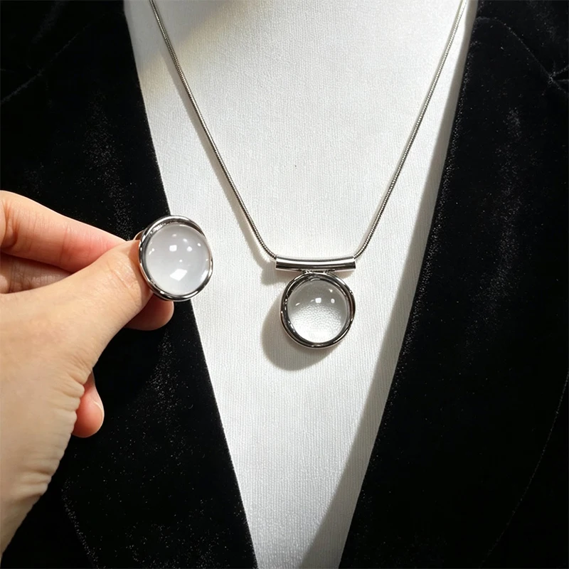 Transparent Square Crystal Pendant Necklace Ring Set Elegant Trendy Jewelry Light‑luxury Niche Clavicle Chain Ring Women Jewelry