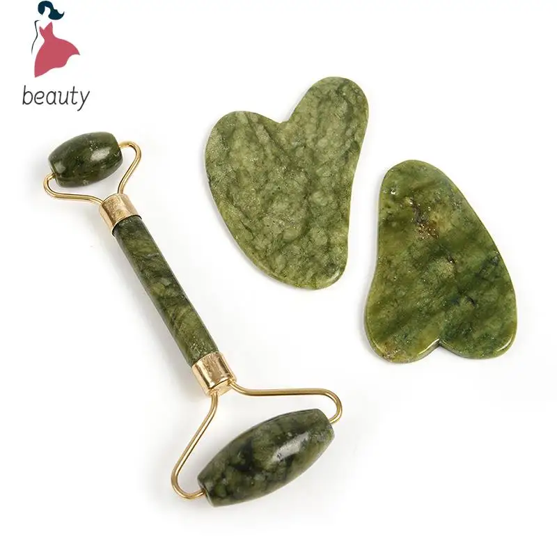 Natural Stone Roller Massager Gua Sha Board Face Green Jade Roller Scraper Facial Massage Stick Wrinkle Remover Face Roller