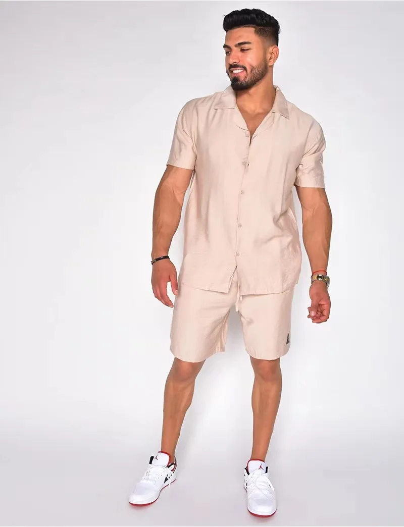 2024  New Style Men\'s Summer Lapel Cotton Linen Solid Color Casual Short Sleeve Shorts Set S-3XL