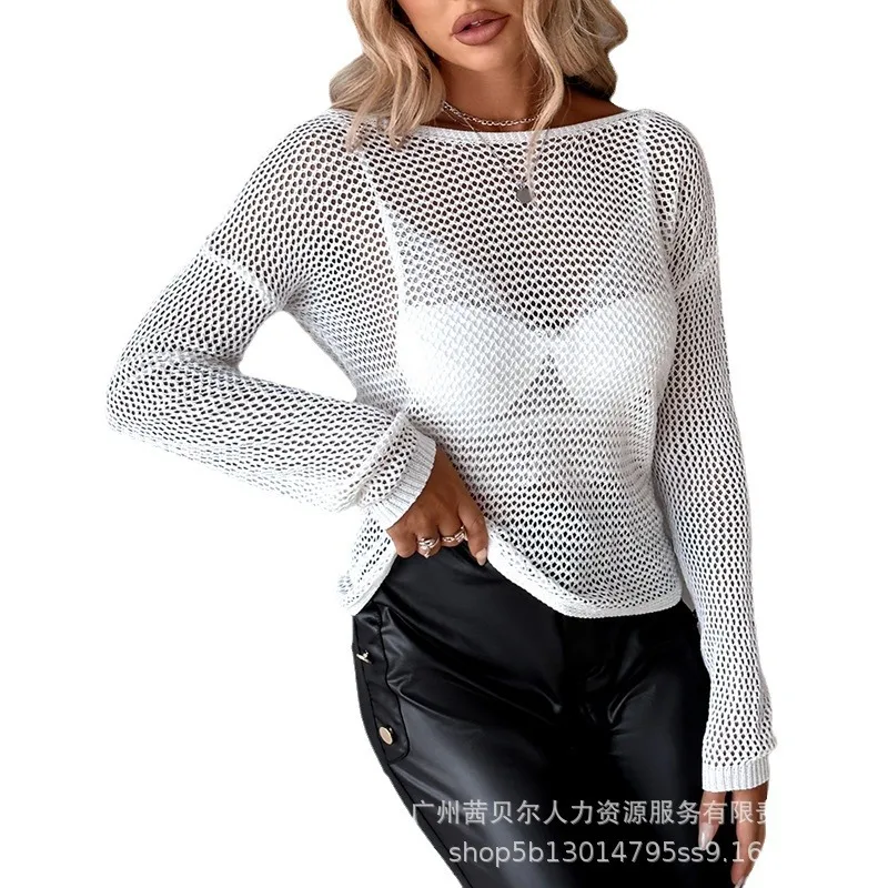 Spring Summer New Women\'s Solid Color Backless Chain Round Neck Long Sleeve Woolen Top Blouse