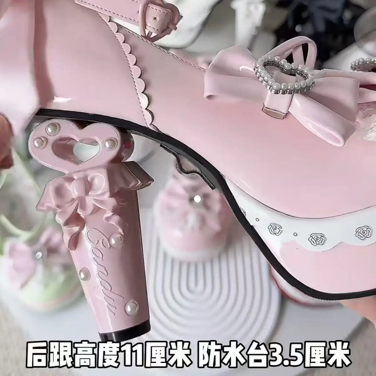 2025年オリジナルスイートロリータハイヒール妖精風和風コスプレ女性用レザーシューズ5cmデザインリボンラインストーンストリートY2K