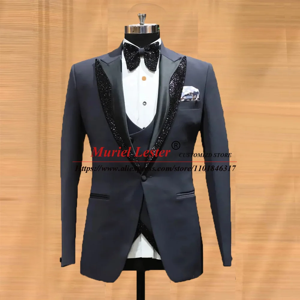 Groom Wear Wedding Suits For Men Slim Fit Sparkly Black Lapel Blazer Tailore Made 3 Pieces Formal Business Prom Dress Elegant