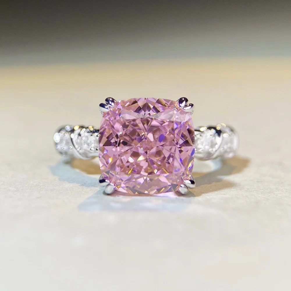 

Pink Diamond Ring S925 Silver Simple Ring Four Claw Square Diamond Ring Women's Simple Fashion Style