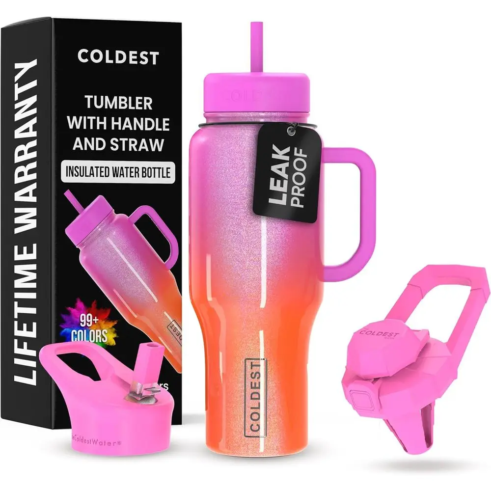 

36 oz Insulated Tumbler with Handle and Straw - Leakproof Stainless Steel Travel Cup for Men & Women - 3 Lids