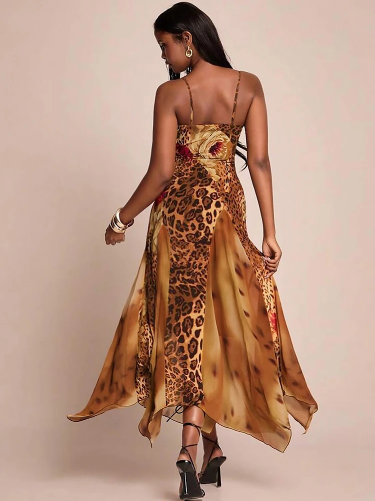Sisterlinda Buntes Kleid mit Leopardenmuster für Damen, modisch, Patchwork, unregelmäßiger Saum, tiefer Ausschnitt, Trend, Urlaub, Party, Clubwear – Detail 12