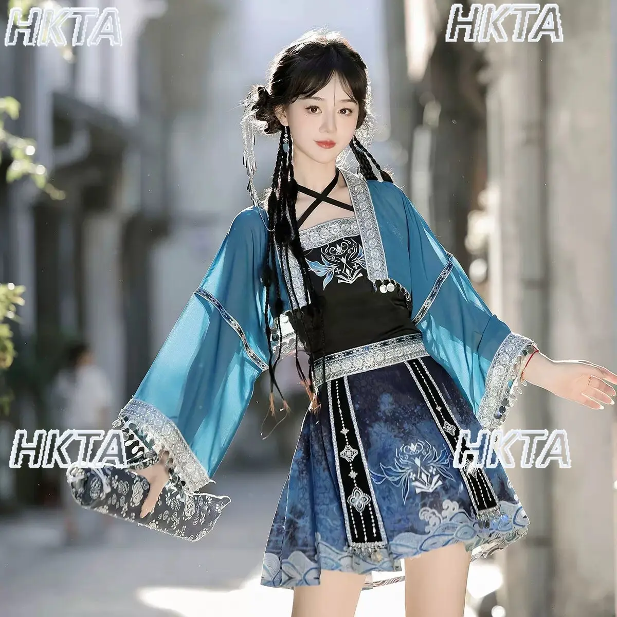 New Chinese National Lolita Slim Fit Neck Suspender Short Cardigan Printed Mini Skirt Sweet Hanfu Lolita Three Pieces Sets Women