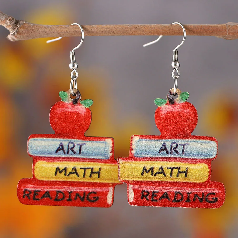 Hot 3D Love Textbook Double Sided Wooden Ear Ring Teacher Student Graduation Gift Book Color Digital Learning Tool Earrings