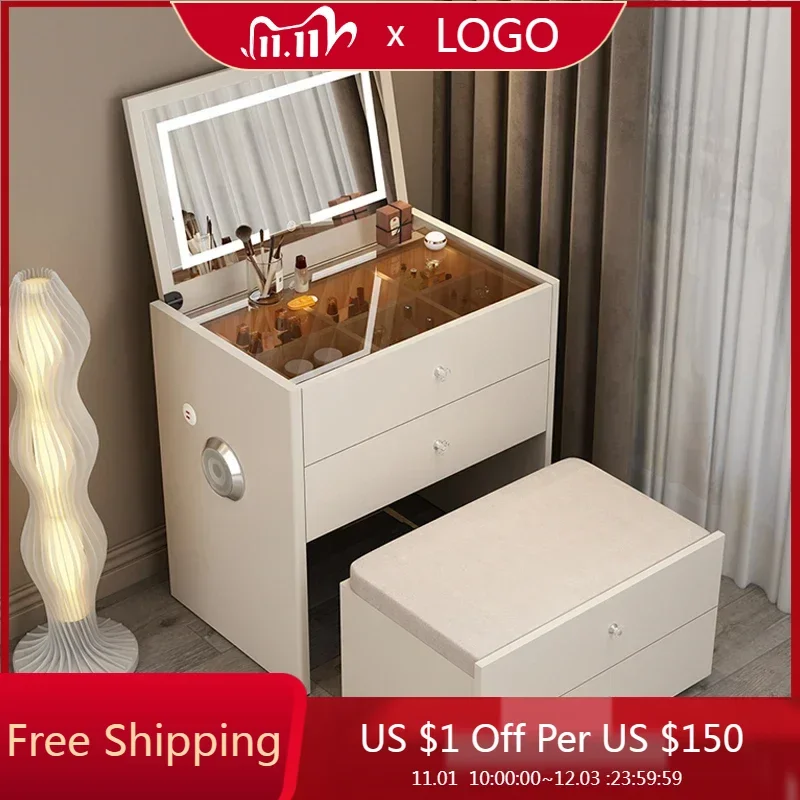 

Affordable Small Design Vanity Table Cabinet Chair Girl Makeup Lights Dressing Table White Texture Kaptafe Dresser Furnitur