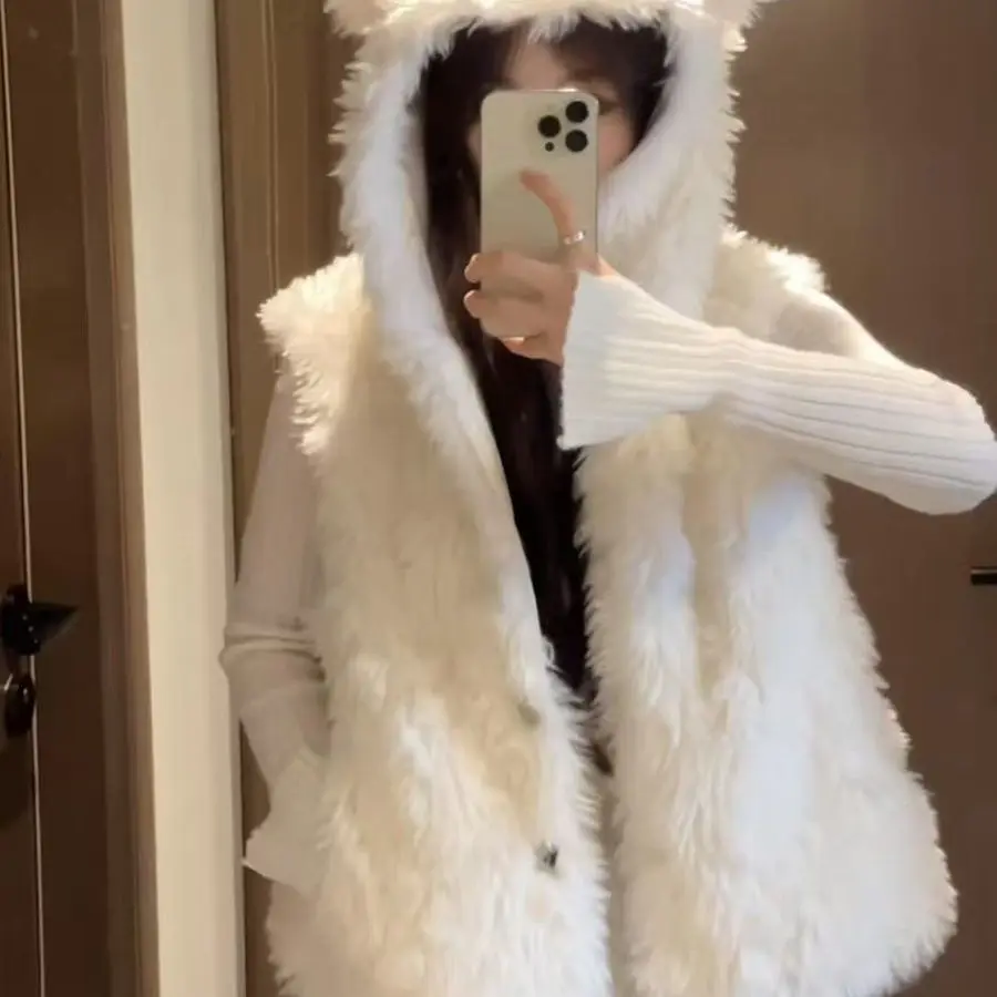 

Женский жилет из меха ягненка с милым медведем и капюшоном, милое милое пальто, зимнее модное пальто, удобная верхняя одежда небольшого размера Sli