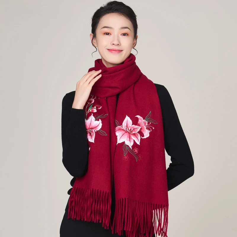 Scarf Wool Material Colorful Flower Embroidery Women's Multi-Functional Rectangular Give Mom Birthday Chinese Style Gift Box 1Pc