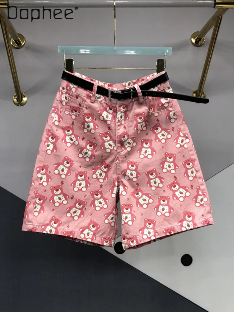 Pink Bear Printed Straight Short Pants for Women 2024 Summer New Korean Style High Waist Wide Leg Denim Middle Pants Female