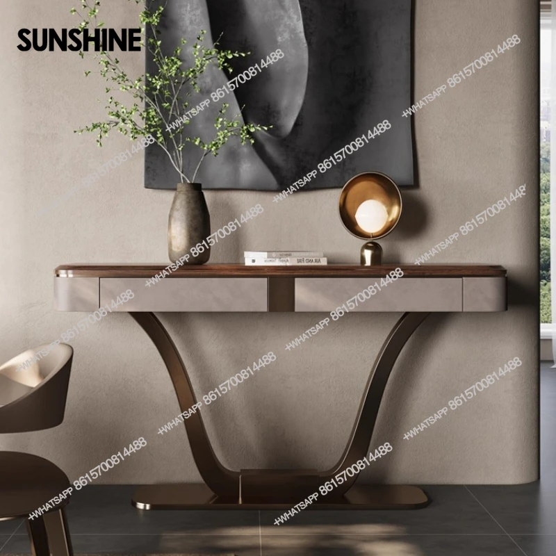 Modern light luxury,   entrance cabinet is facing the door with solid wood, and the end view table of the villa