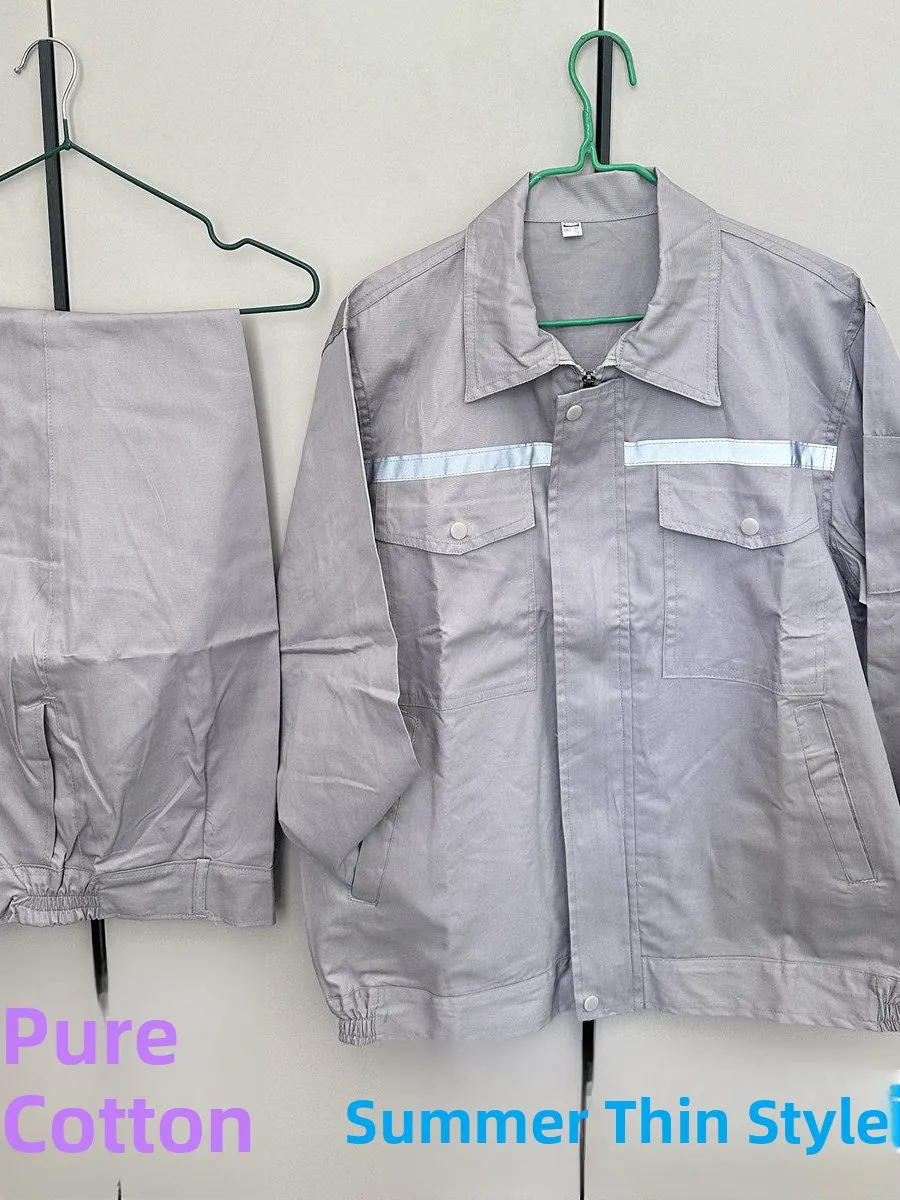 

Ultra-Thin 00% Cotton Summer Workwear Reflective Strip Long Sve Set Lightweight Breathable for W Fac Workers