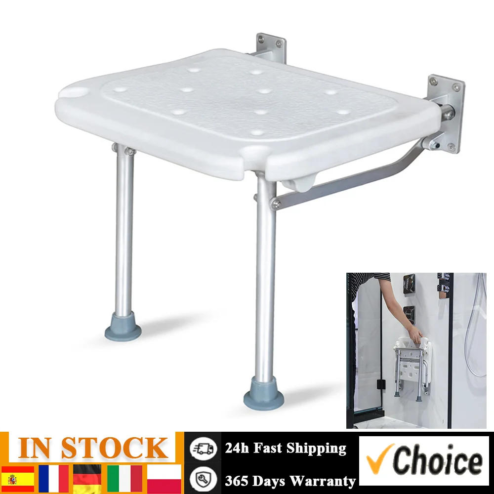 Folding Shower Bench Wall Mounted Flip-up Bath Seat Screw-in Bathroom Chair Stool Non-slip Feet Drainage Holes Shower Head Slot