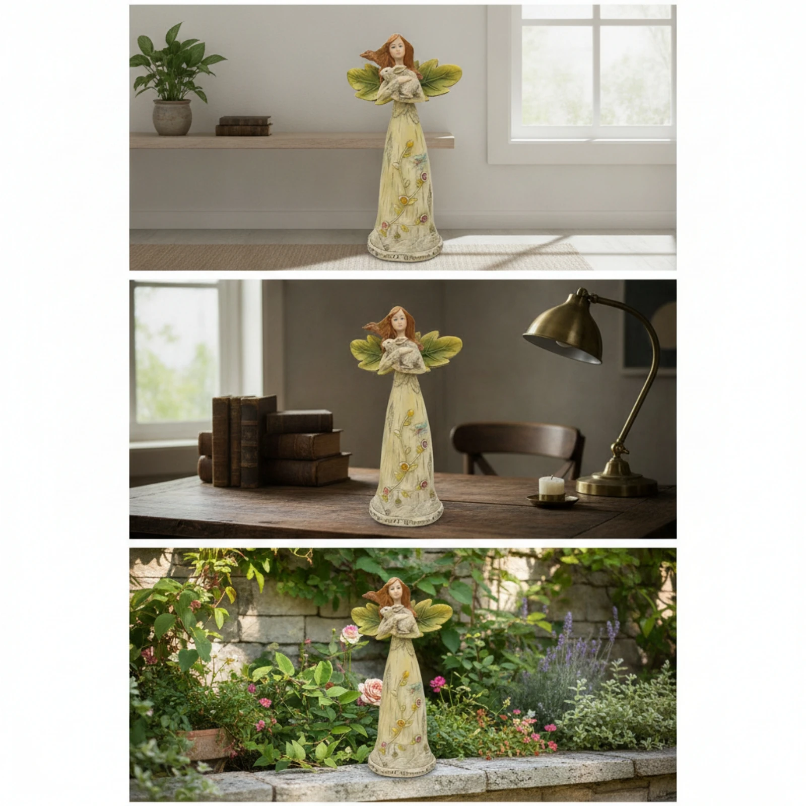 Angel Figurine with Rabbit Forest Angel Figurine Sculpture Detailed Decorative Accent Cute for Collector, Shelf, Entryway view 3
