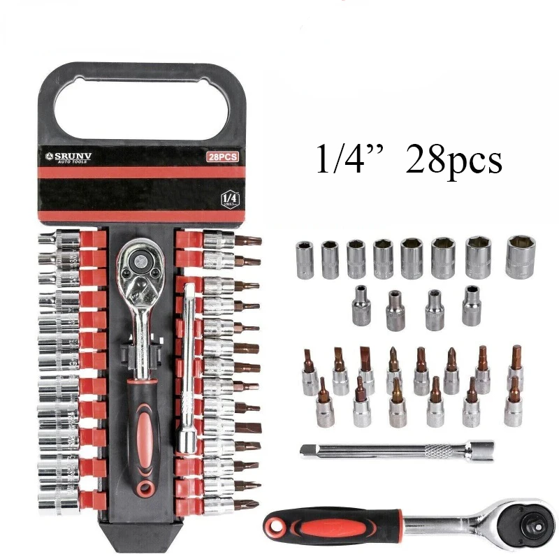 

1/4 Inch Ratchet Socket Wrench Set Tools with Hanging Rack 28pcs Drive Metric Sockets for Car Multi-function Repair Hand Tools