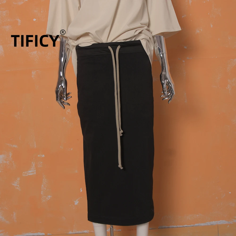 

RO Dark High Street Cotton Skirts Elastic Waist Women's Slim Slit At The Back One Step Midi Skirt Vintage Black