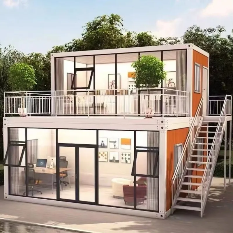 Two-Story Steel Frame Container House Glass Wall Balcony Custome Folding Tiny House Luxury Prefab Container House2 3 4Bedrooms