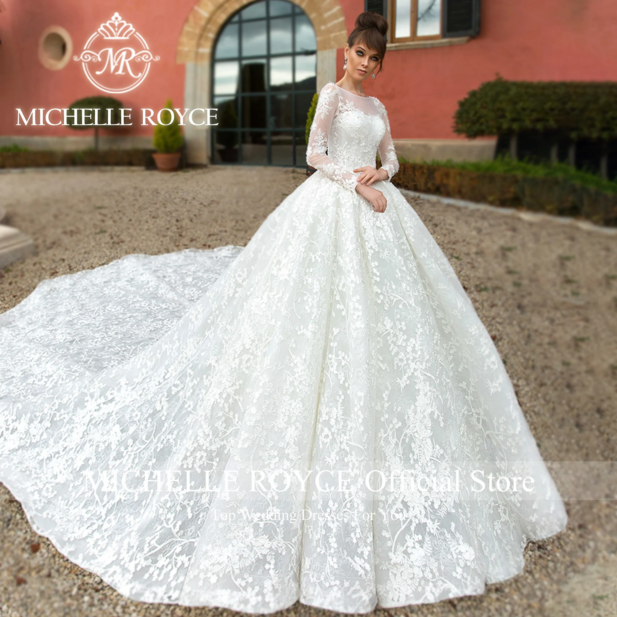 

Michelle Royce Ball Gown Wedding Dresses For Woman Elegant Invisible Neckline Beading Long Sleeve Wedding Gown Vestidos De Novia