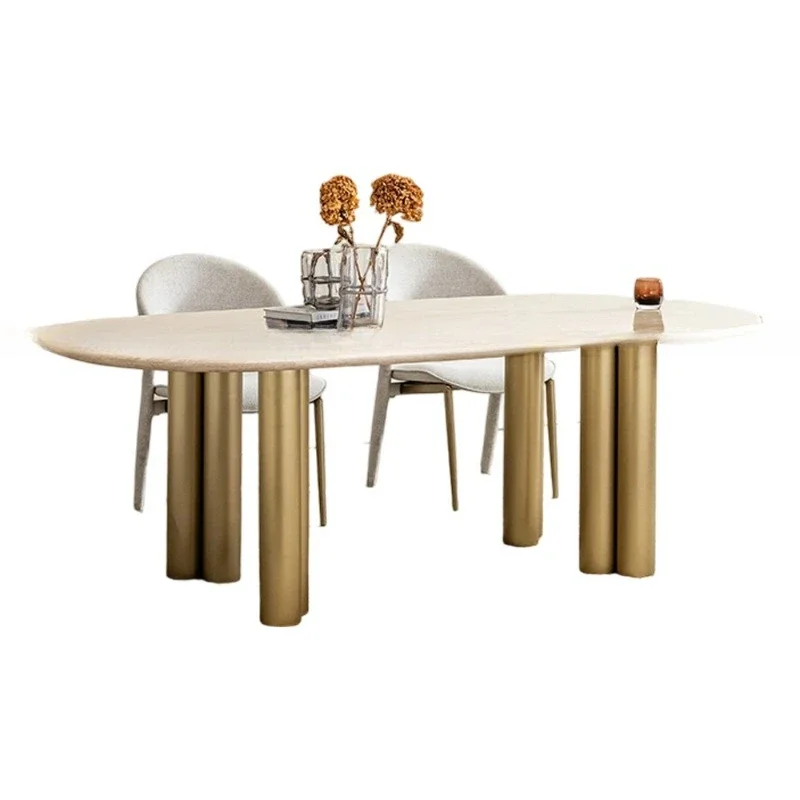 

Light luxury marble dining table set oval high-end sense 220 restaurant dining table stainless steel dining table chair set