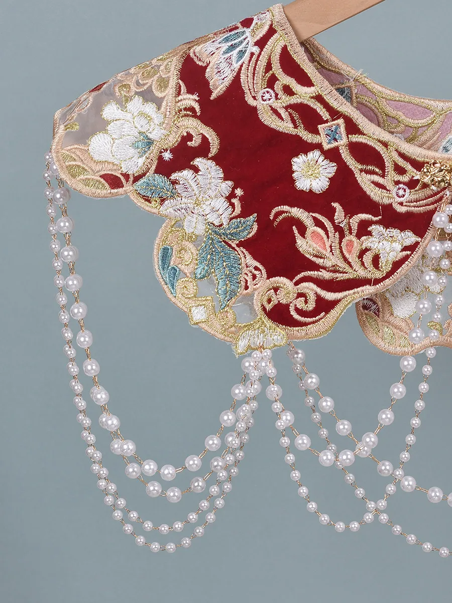 Beaded Red Cloud Collar, Chinese Vintage Embroidered False Collar with Pearl Tassel, Detachable Shoulder Cape, Wedding Accessory view 3