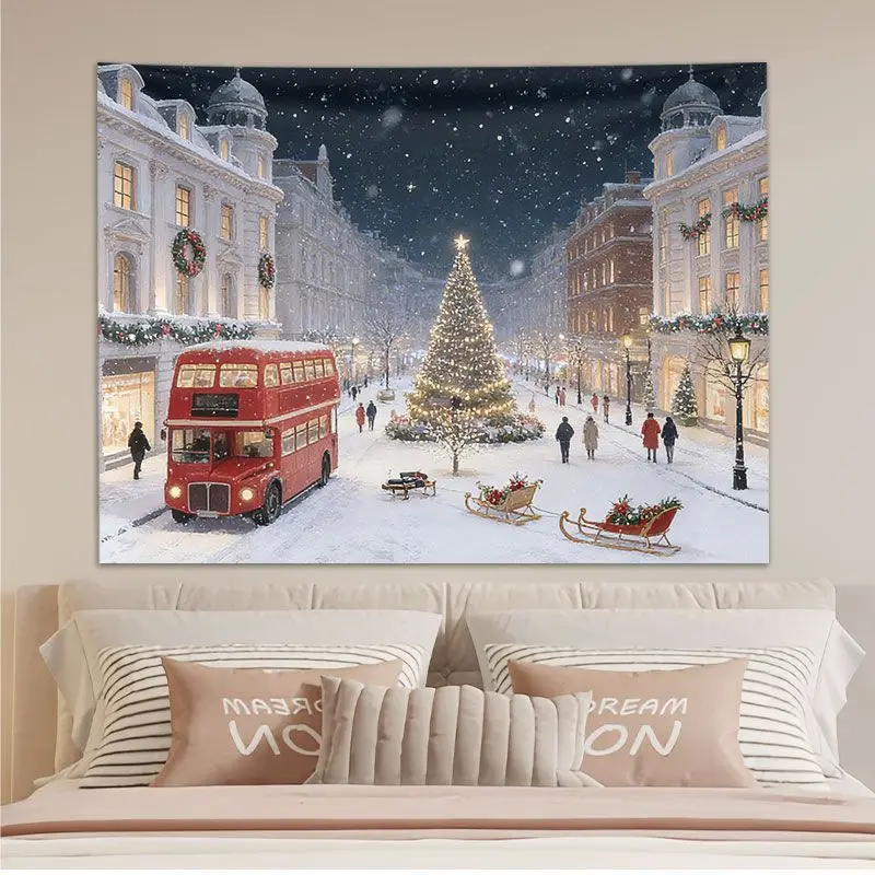 Winter Aesthetic Christmas Tapestry, Festive Xmas Themed Wall Hanging Background Cloth, Seasonal Home Decor for Dorm, Living Roo