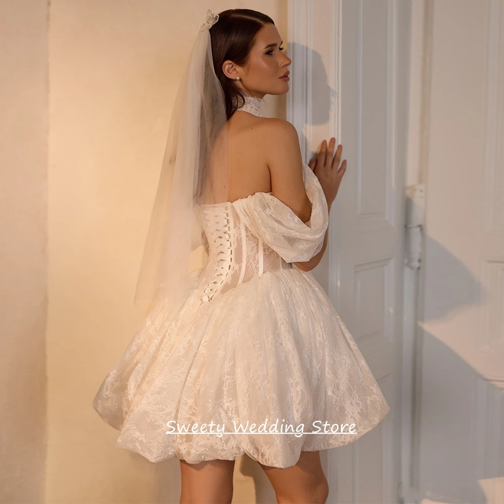 Customized Little Wedding Dress New Arrival Off The Shoulder Pearls Lace Applique Mini Bridal Gown