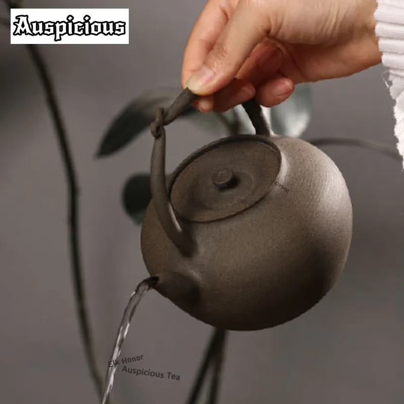 ZAEYORIA 550ml Chaozhou Gongfu Teapot Black Gold Pottery Hoop Handle Pot Tea Making Jumping Lid Kettle For Boiling Water Stove