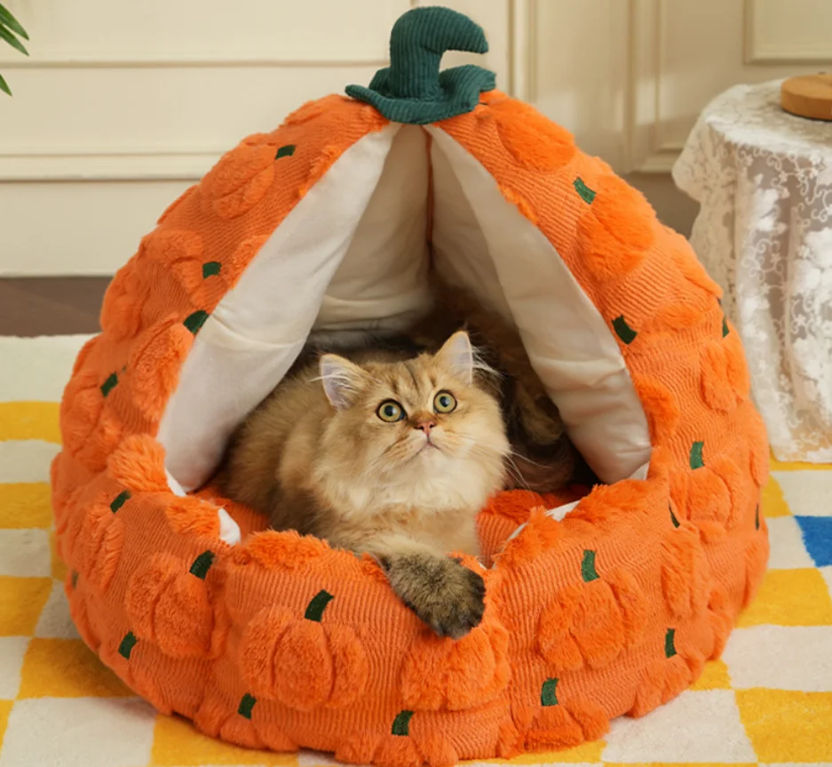 

Хэллоуин, тыквенное гнездо для домашних животных, зимнее теплое гнездо для собак и кошек, форма тыквы, кошачий домик, полузакрытая кровать для домашних животных